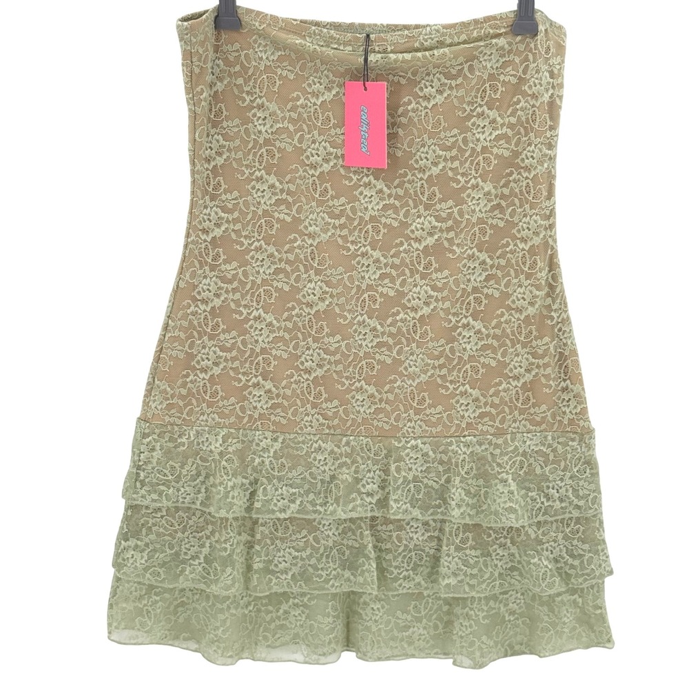 Edikted Scarlet Green Lace Ruffle Tiered Strapless Mini Dress Size L NWT
